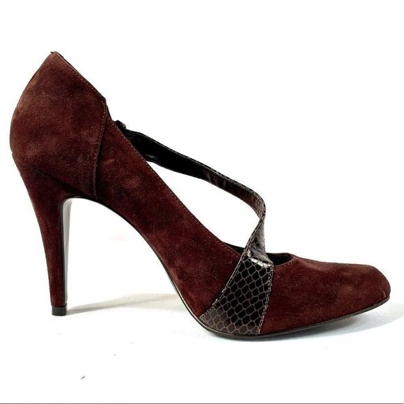 BROWN SUEDE w LEATHER TRIM 4.5” HEEL by BCBG S-10 - Picture 2 of 7